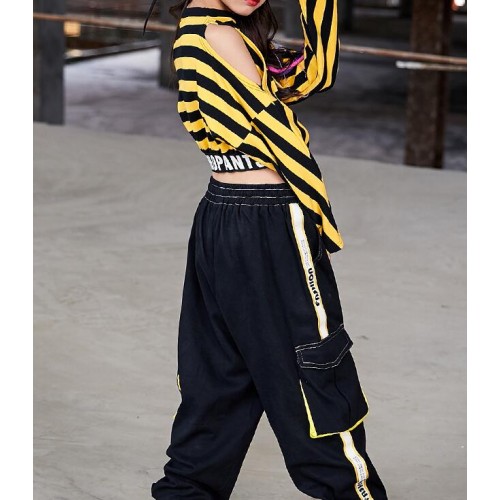 Girls kids yellow striped hiphop dance costumes rap model show performance tops and pants gogo dancers dance tops pants